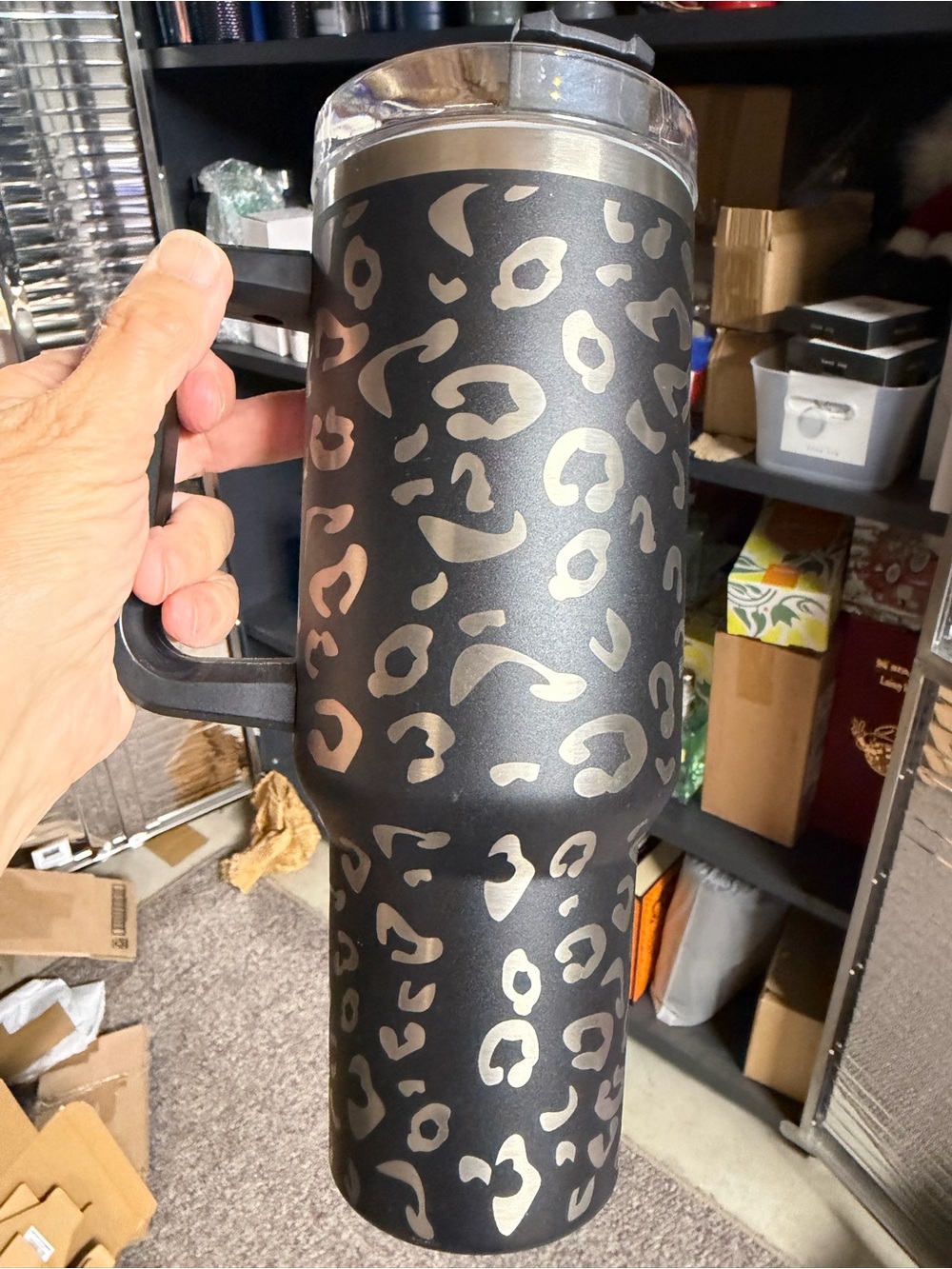 Insulated Black Leopard-Pattern Travel Tumbler with Handle